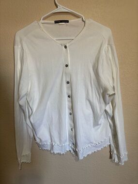 Therapy by Cheryl Taylor cotton White Button-Front Cardigan with Lettuce Hem 2X